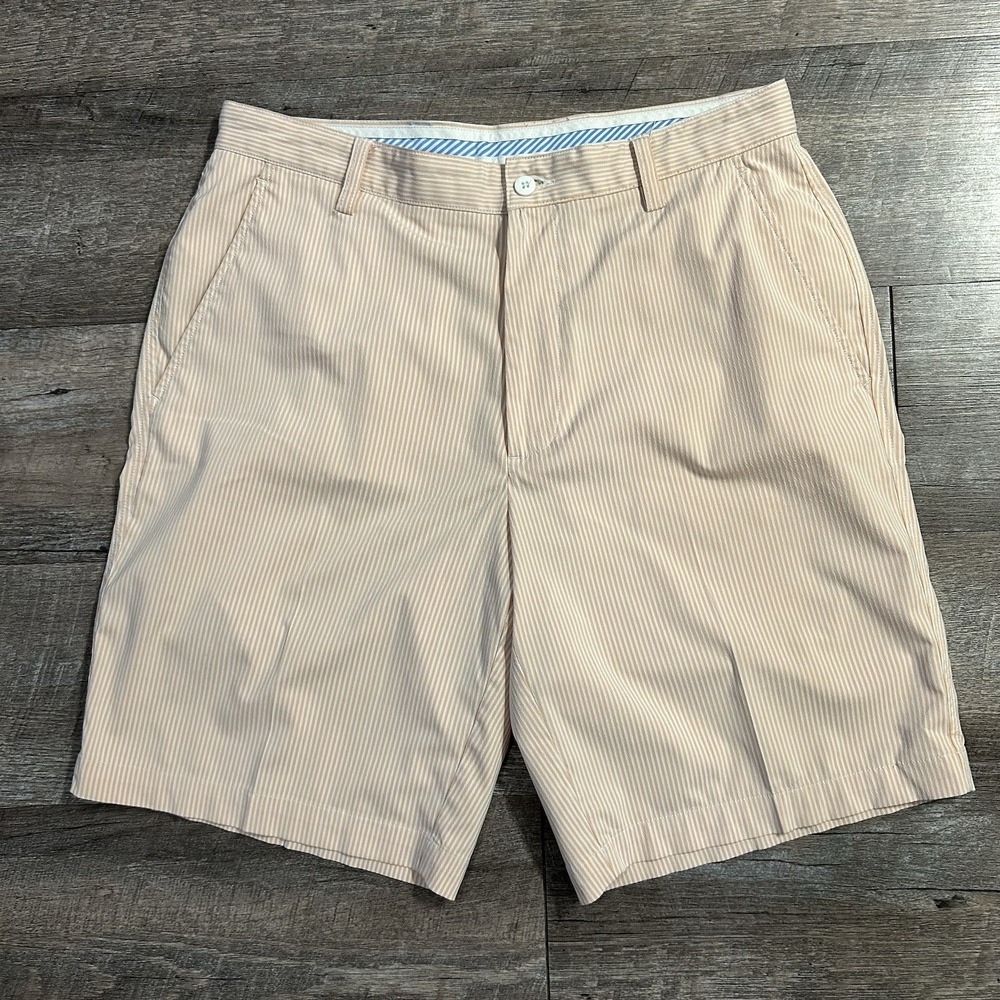 FootJoy Performance Golf Shorts Men's 34 Peach White Striped Flat Front Stretch